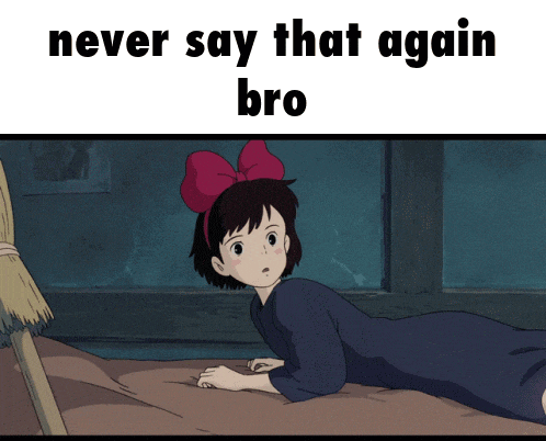 a girl with a red bow on her head is laying on a bed with the words never say that again bro