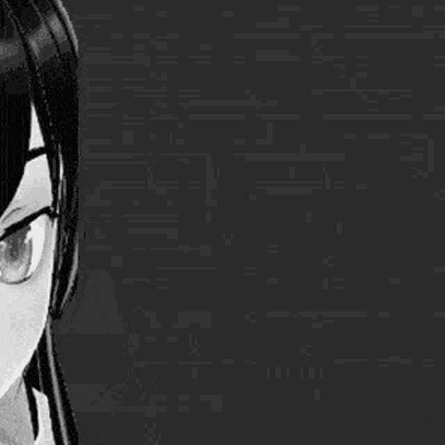 a close up of a black and white anime girl 's face with long black hair .