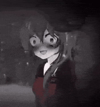a black and white drawing of a girl with a scary face .