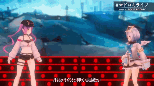 two anime girls are standing next to each other on a stage ..
