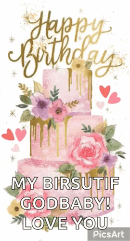 a happy birthday card with a pink cake and flowers