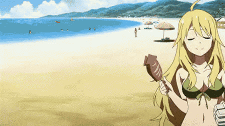 a blonde anime girl in a bikini is standing on a beach holding a popsicle .