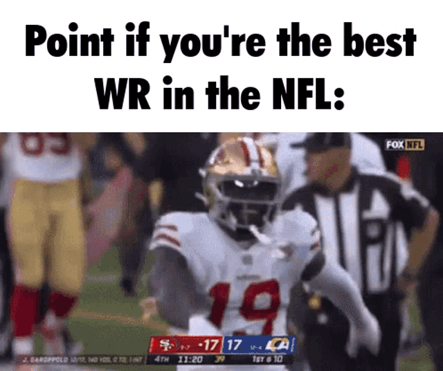 a football player is running on the field with the words point if you 're the best wr in the nfl :