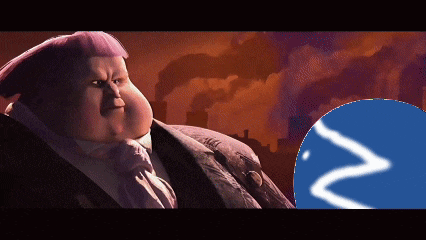 a fat man in a suit and tie is standing in front of a blue circle with the letter n on it