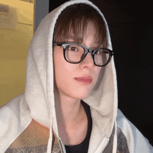 a young man wearing glasses and a hoodie looks at the camera
