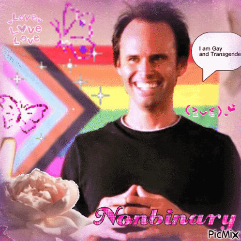 a picture of a man with a speech bubble that says i am gay and transgender