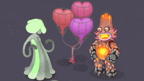 a cartoon drawing of a ghost and a monster holding balloons
