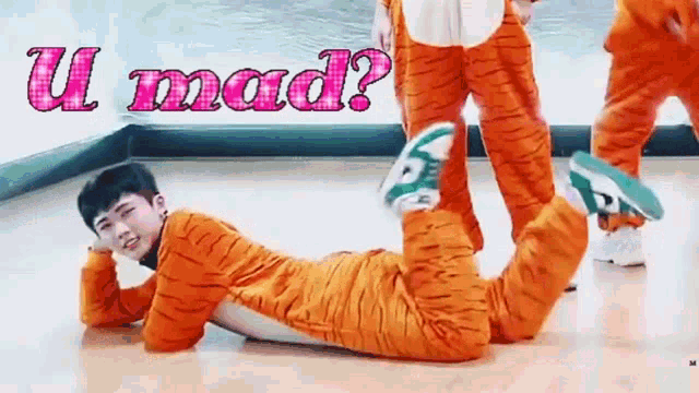 a man in a tiger costume is laying on the floor with his legs crossed .
