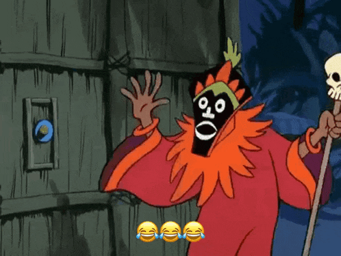 a cartoon character with a mask on his face is holding a cane
