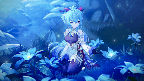 a girl with blue hair and horns is kneeling in a field of flowers