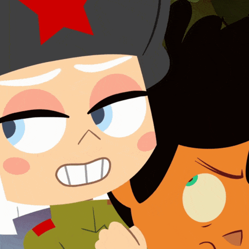 a cartoon character with a red star on his hat is standing next to another character