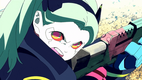 a girl with green hair and red eyes is holding a rifle
