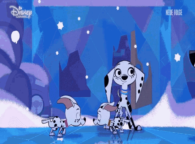 three dalmatian dogs standing in front of a blue background that says disney channel