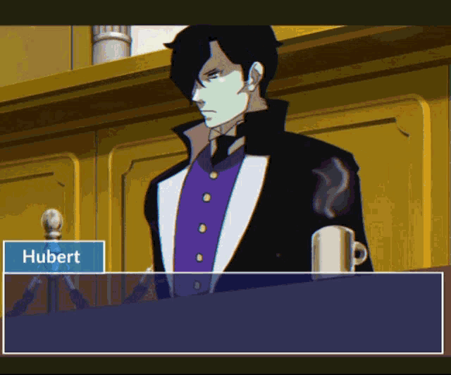 a video game character named hubert is holding a cup