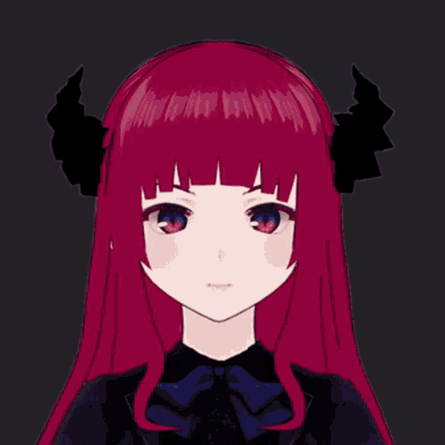 a girl with long red hair and black horns