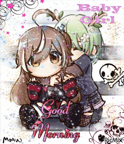 a cartoon of two girls hugging each other with the words baby girl good morning