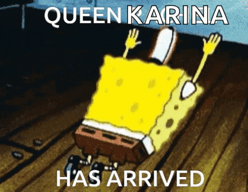 a cartoon of spongebob laying on a bed with the words queen karina has arrived