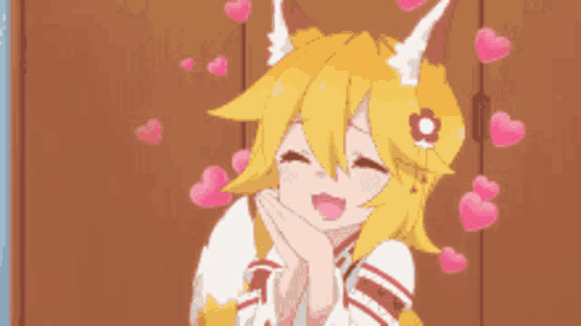 a girl with a fox tail and ears is surrounded by pink hearts and smiling .