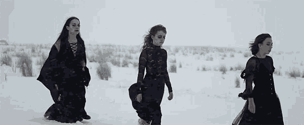 three women in black dresses are walking through the snow in a field .