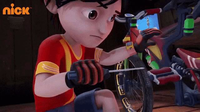 a cartoon boy is fixing a bicycle with a screwdriver in a nick advertisement