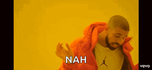 a man in an orange jacket is dancing in front of a yellow background and the words `` nah '' are written on the screen .
