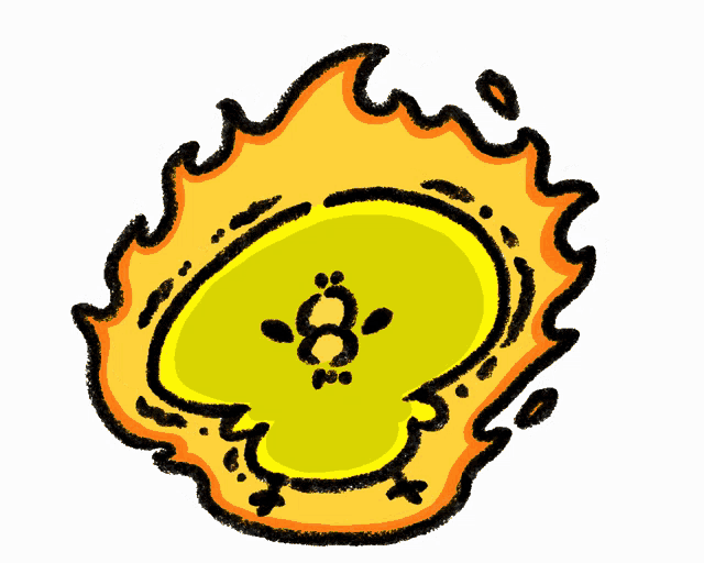 a cartoon drawing of a yellow circle with flames around it and the number 8 on it