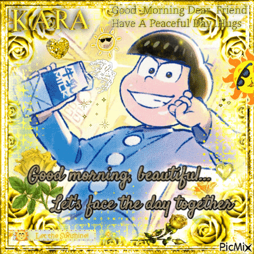 a picture of a cartoon character with the words good morning beautiful let 's face the day together on the bottom