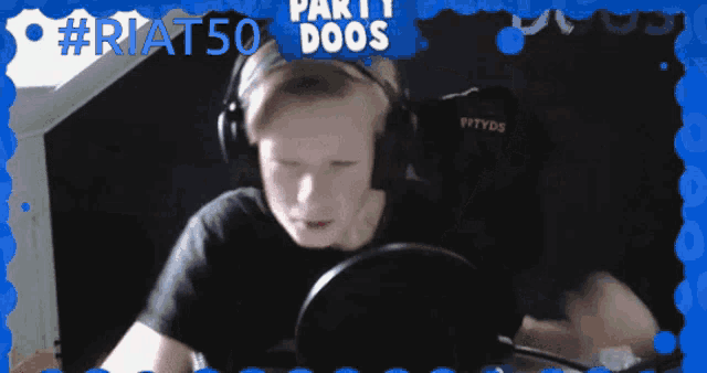 a boy wearing headphones is sitting in front of a microphone with the words party doos written above him