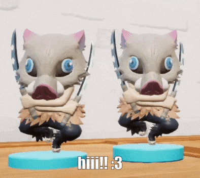 two figurines of a boar holding swords with the words hiii ! 3 below them