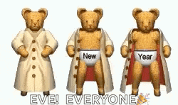 three teddy bears are standing next to each other wearing new year 's eve outfits .