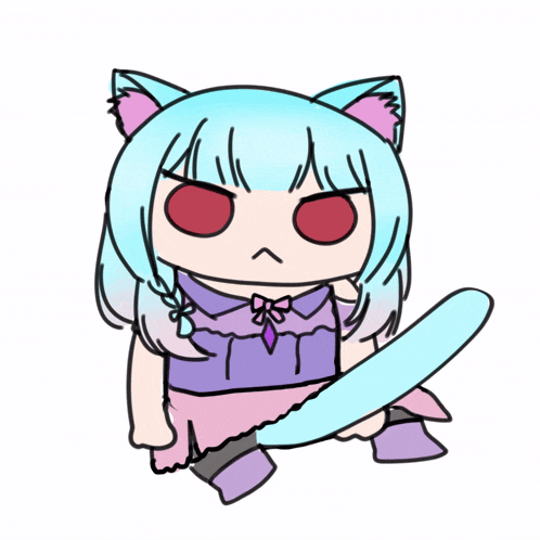 a drawing of a girl with cat ears and blue hair holding a sword