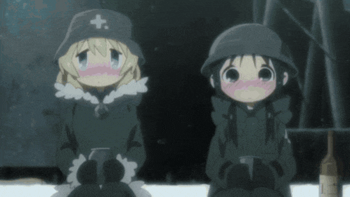 two anime girls are sitting next to each other and one has a white cross on her hat