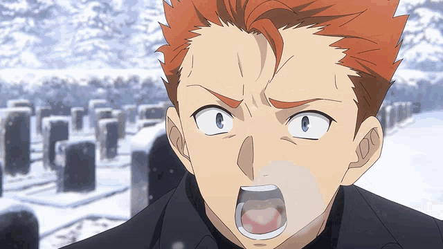 a man with red hair and blue eyes screams in front of a cemetery