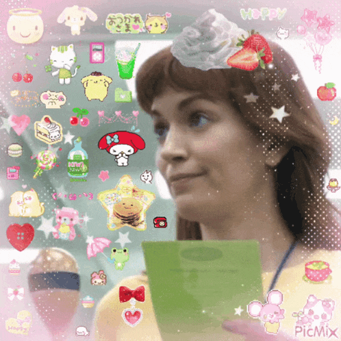 a picture of a woman with a bunch of stickers on her head and the word hoppy on the bottom right