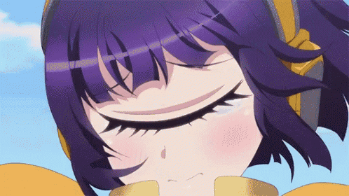 a close up of a girl with purple hair and headphones on her head