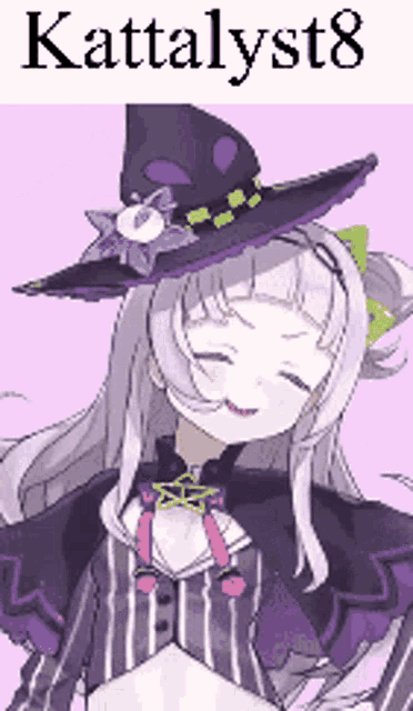 a girl wearing a purple witch hat with the name kattalyst8 on the bottom