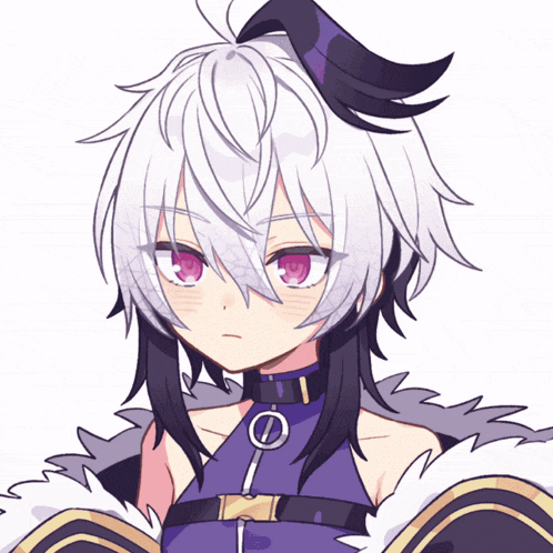 a drawing of a girl with white hair and a purple outfit