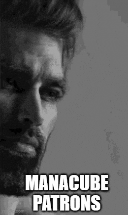 a black and white photo of a man with a beard with the words `` manacube patrons '' written on it .