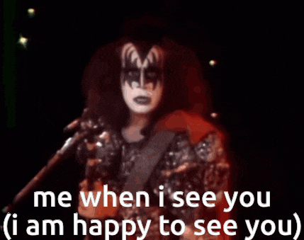 a woman is singing a song and says me when i see you i am happy to see you