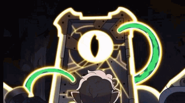 a cartoon character is standing in front of a door with a glowing eye in the middle .