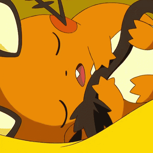 a close up of a cartoon character laying down on a yellow surface