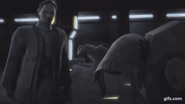 a man and a woman are standing next to each other in a dark room in a video game .