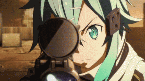 a girl with green hair is aiming a rifle