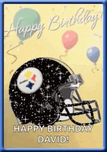 a happy birthday card with a football helmet and balloons on it .