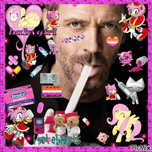 a man with a lollipop in his mouth is surrounded by cartoon characters and a benadryl allergy packet