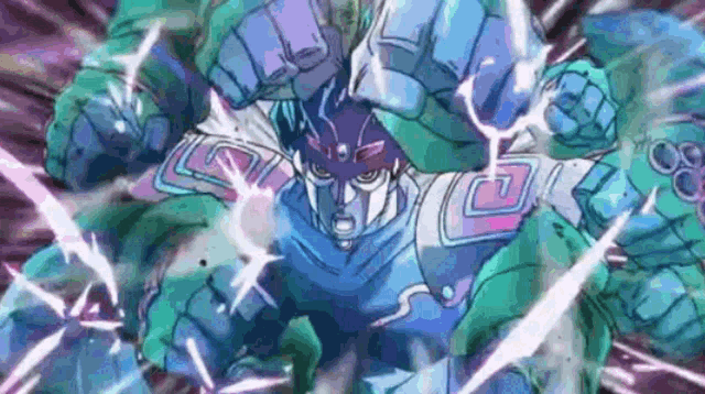 a close up of a cartoon character with a purple face and arms .