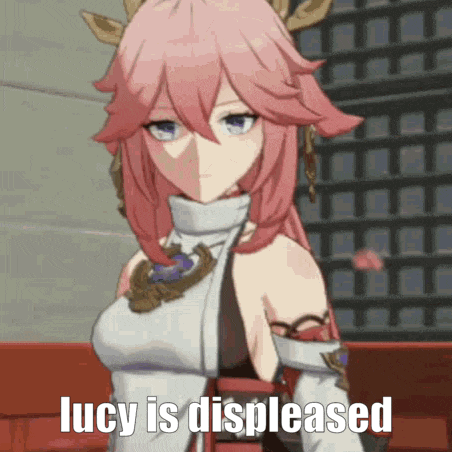 a girl with pink hair and blue eyes is standing in front of a building with the words `` lucy is displeased '' .
