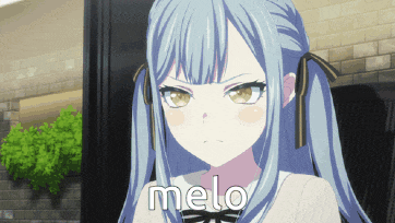 a blue haired anime girl with the word melo written on her face