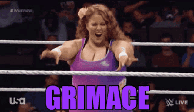 a woman in a wrestling ring says grimace in purple