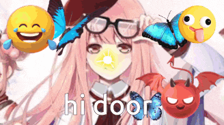 a girl with glasses is surrounded by smiley faces and butterflies and the word hi door